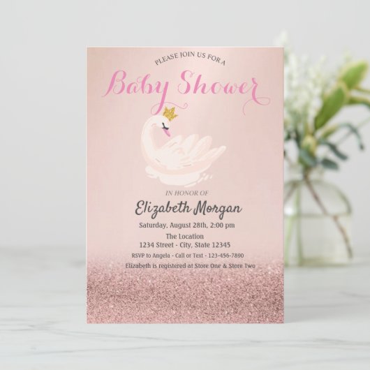 Rose Gold Glitzer Bokeh, Swan Crown Baby Dusche Einladung (Stehend Vorderseite)