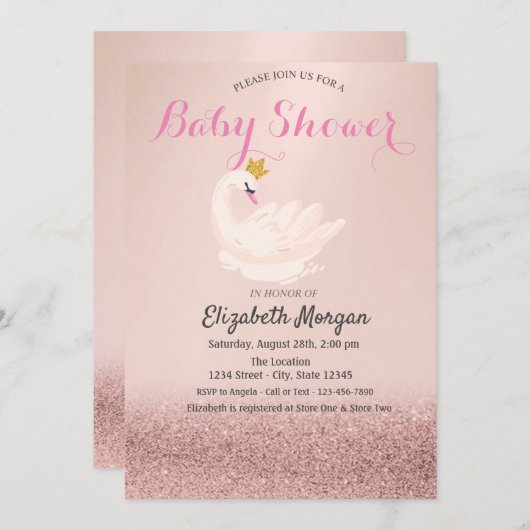 Rose Gold Glitzer Bokeh, Swan Crown Baby Dusche Einladung (Vorne/Hinten)