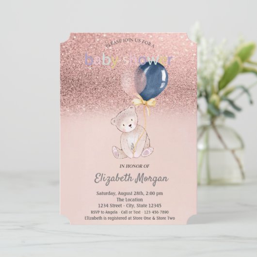 Rose Gold Glitzer Bokeh, Teddy Bear Baby Dusche Einladung (Stehend Vorderseite)