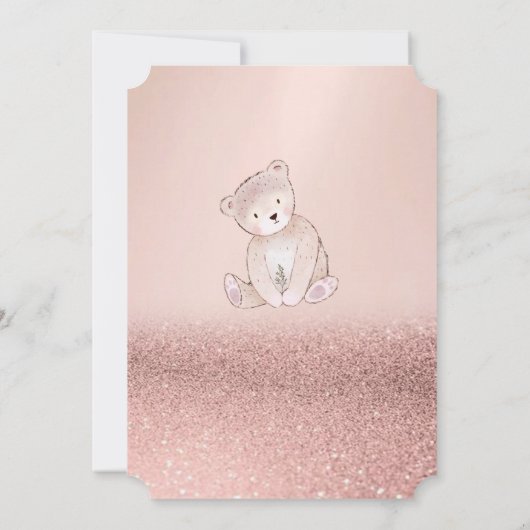 Rose Gold Glitzer Bokeh, Teddy Bear Baby Dusche Einladung (Rückseite)
