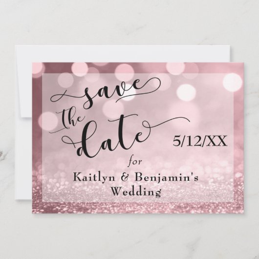 Rose Gold Glitzer Bokeh & Typografie Save the Date (Vorderseite)