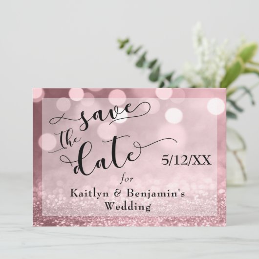 Rose Gold Glitzer Bokeh & Typografie Save the Date (Stehend Vorderseite)