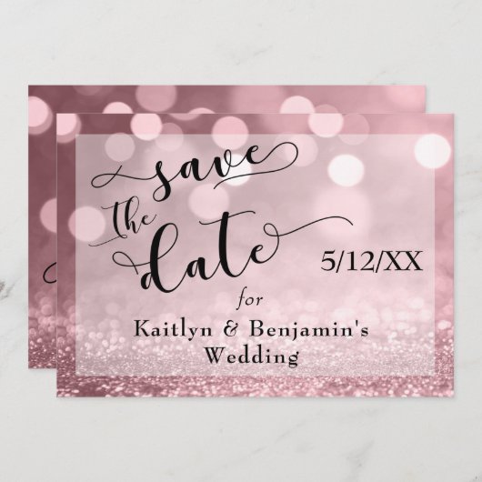Rose Gold Glitzer Bokeh & Typografie Save the Date (Vorne/Hinten)