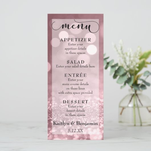 Rose Gold Glitzer Bokeh & Typografy Wedding Menu Menükarte (Stehend Vorderseite)