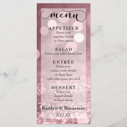 Rose Gold Glitzer Bokeh & Typografy Wedding Menu Menükarte (Vorderseite)