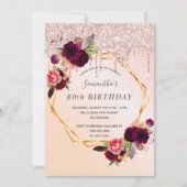 Rose Gold Glitzer Bordeaux, 80. Geburtstag Einladung (Vorderseite)