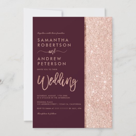 Rose Gold Glitzer Bordeaux Farbblock Hochzeit Einladung (Vorderseite)