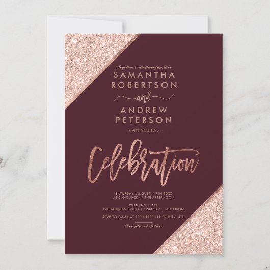 Rose Gold Glitzer Bordeaux Feier Hochzeit Einladung (Vorderseite)