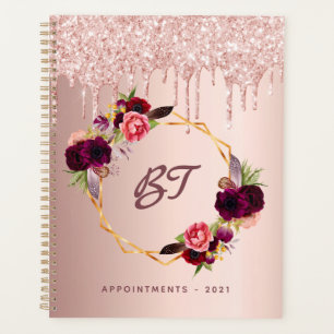 Rose Gold Glitzer Bordeaux Florals Monogramm 2026 Planer