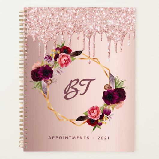 Rose Gold Glitzer Bordeaux Florals Monogramm 2026 Planer (Vorderseite)