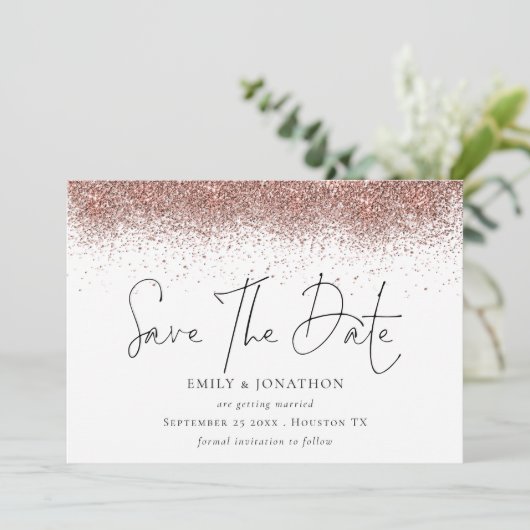 Rose Gold Glitzer Border Wedding Save The Date (Stehend Vorderseite)