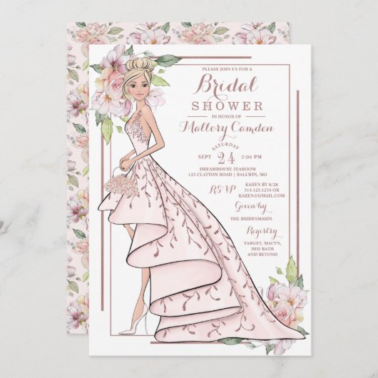 Rose Gold Glitzer Brautdusche Einladung (Vorne/Hinten)