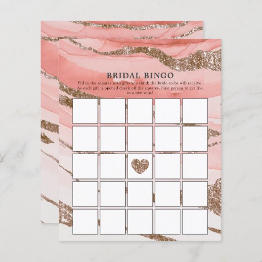 Rose Gold Glitzer Brautparty Bingo Game (Vorne/Hinten)