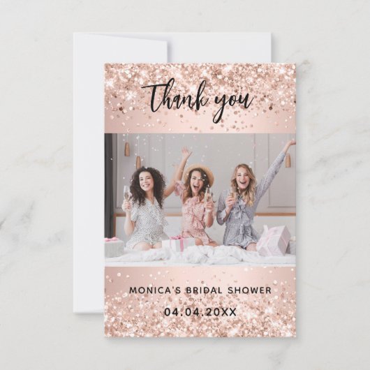 Rose Gold Glitzer Brautparty Foto Dankeskarte (Vorderseite)