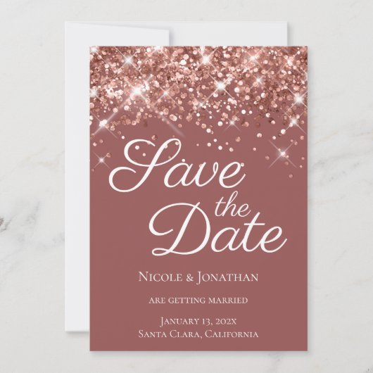 Rose Gold Glitzer Brick Elegante Kalligraphie Save The Date (Vorderseite)