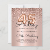 Rose Gold Glitzer Budget 45. Geburtstag Einladung (Vorderseite)
