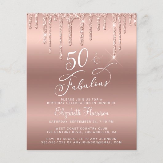 Rose Gold Glitzer Budget 50. Geburtstag Einladung Flyer (Vorne)