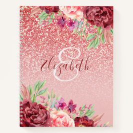 Rose Gold Glitzer Burgundy Floral Personalisiert Notizblock