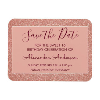 Rose Gold Glitzer Burgundy Sweet 16 Save the Date Magnet