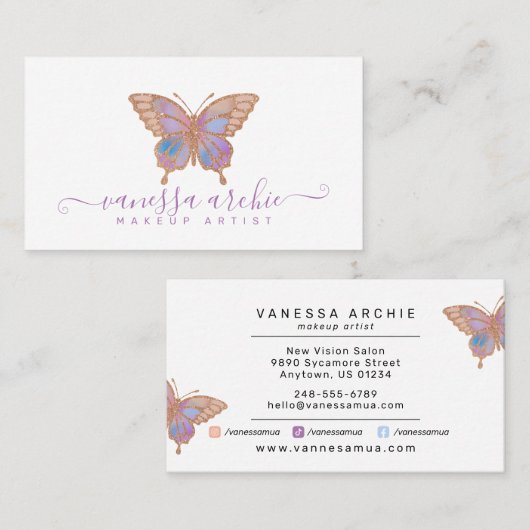 Rose Gold Glitzer Butterfly Logo-Visitenkarte Visitenkarte (Vorne/Hinten)