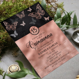 Rose Gold Glitzer Butterfly Moderne Quinceñera Einladung