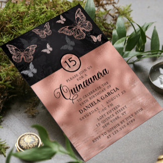 Rose Gold Glitzer Butterfly Moderne Quinceñera Einladung