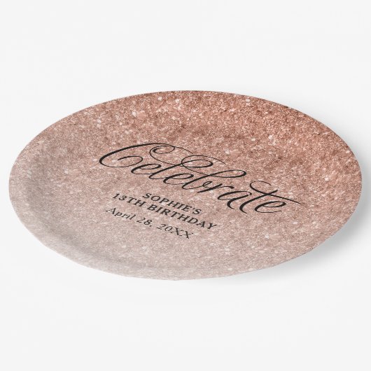 Rose Gold Glitzer Celebrate Personalisiert Pappteller (Schrägansicht)