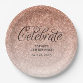 Rose Gold Glitzer Celebrate Personalisiert Pappteller (Vorderseite)
