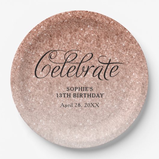 Rose Gold Glitzer Celebrate Personalisiert Pappteller (Vorderseite)