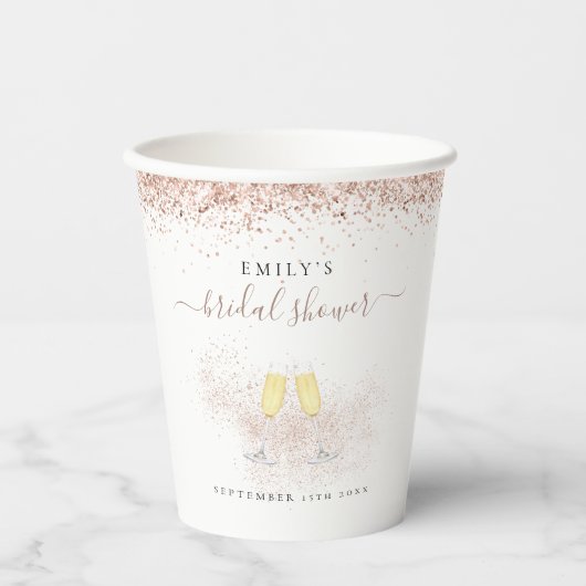 Rose Gold Glitzer Champagne Brautparty Pappbecher (Vorderseite)