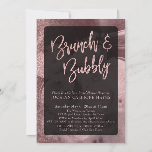 Rose Gold Glitzer Champagne Brunch & Bubbly Einladung (Vorderseite)