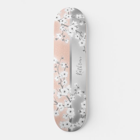 Rose Gold Glitzer Cherry Blossom Monogram Girl Skateboard (Vorderseite)
