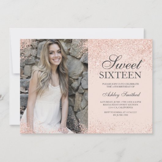Rose Gold Glitzer Chic Rosa Foto Sweet 16 Einladung (Vorderseite)