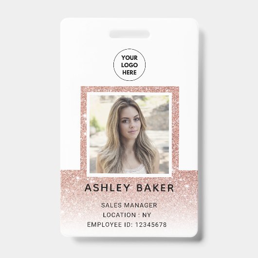 Rose Gold Glitzer Company Security ID Foto Name Ausweis (Vorderseite)