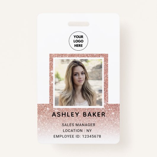 Rose Gold Glitzer Company Security ID Foto Name Ausweis (Vorderseite)