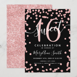 Rose Gold Glitzer Confetti 16. Geburtstag Schwarz Einladung
