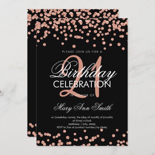 Rose Gold Glitzer Confetti 21. Geburtstag Schwarz Einladung (Vorne/Hinten)