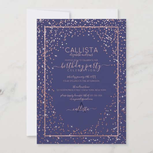 Rose Gold Glitzer Confetti Border Geburtstag Einladung (Vorderseite)