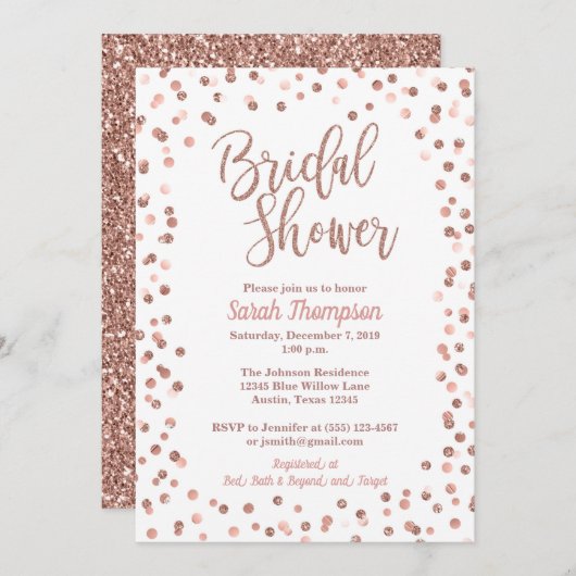 Rose Gold Glitzer Confetti Brautparty Einladung (Vorne/Hinten)