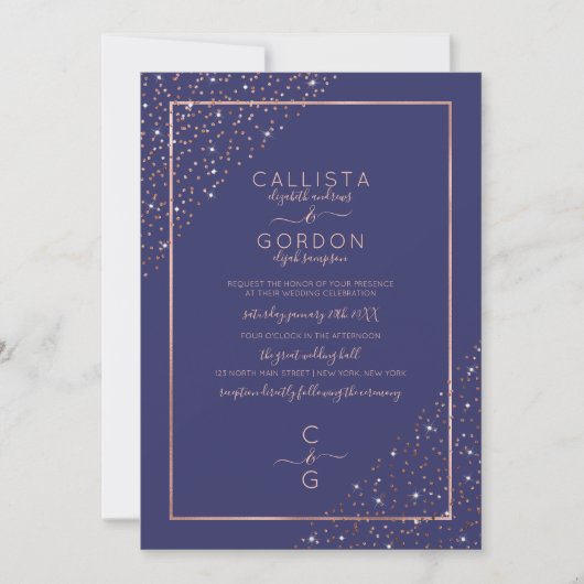 Rose Gold Glitzer Confetti Corners Wedding Einladung (Vorderseite)