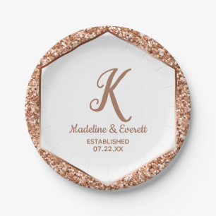 Rose Gold Glitzer Confetti Glam Wedding Monogram Pappteller