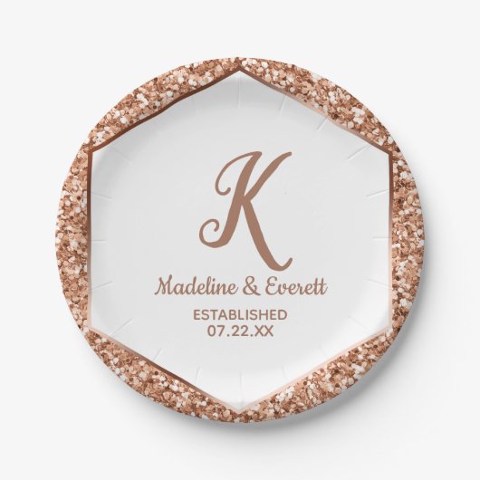 Rose Gold Glitzer Confetti Glam Wedding Monogram Pappteller (Vorderseite)