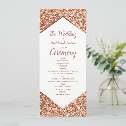 Rose Gold Glitzer Confetti Glam Wedding Programm (Stehend Vorderseite)