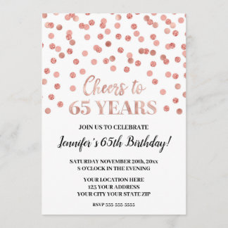Rose Gold Glitzer Confetti jubelt auf 65 Jahre Einladung