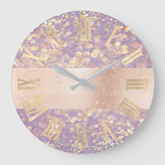 Rose Gold Glitzer Confetti Lila römische Zahlen Große Wanduhr (Vorderseite)