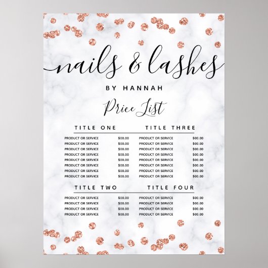 Rose Gold Glitzer Confetti Marble Preis Menü Poster (Vorne)