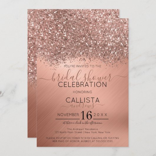 Rose Gold Glitzer Confetti Metallic Brautparty Einladung (Vorne/Hinten)