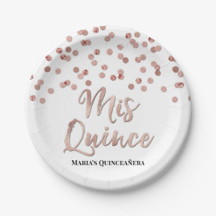 Rose Gold Glitzer Confetti Mis 15 Quinceanera Pappteller