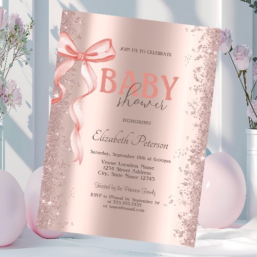 Rose Gold Glitzer Confetti Pink Bow Baby Dusche Einladung