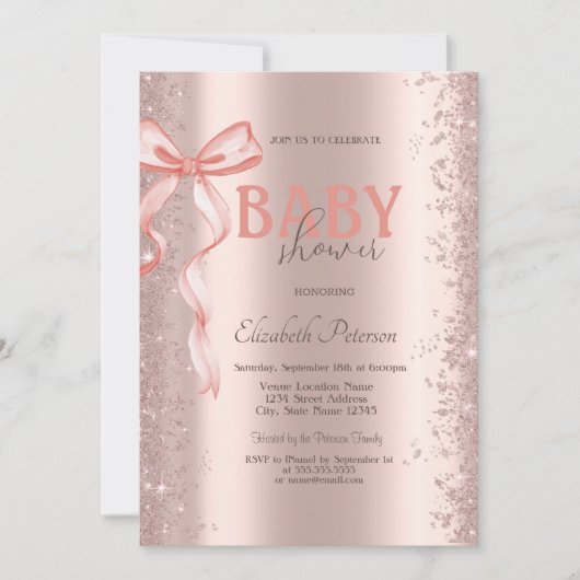 Rose Gold Glitzer Confetti Pink Bow Baby Dusche Einladung (Vorderseite)